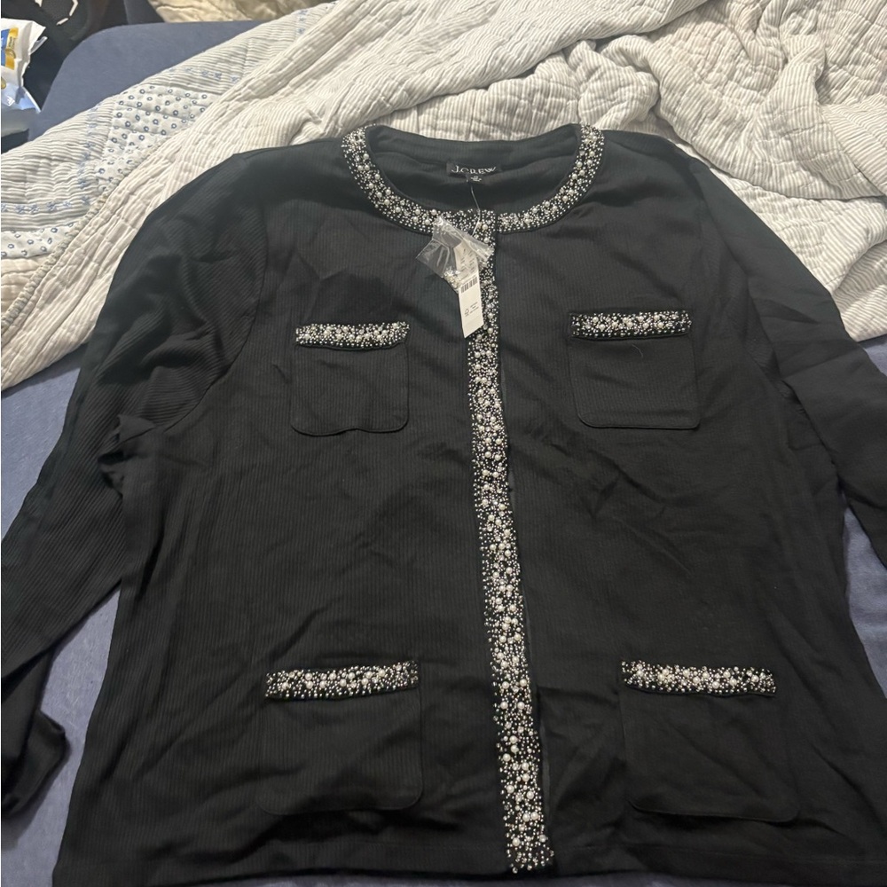 J. Crew Black Cardigan with Pearl Embellishments